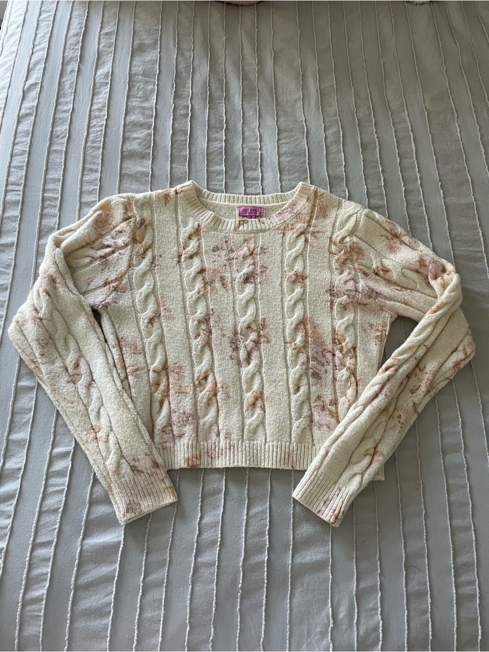 Francesca’s Cream Cable Knit Sweater with Pink Floral Wash